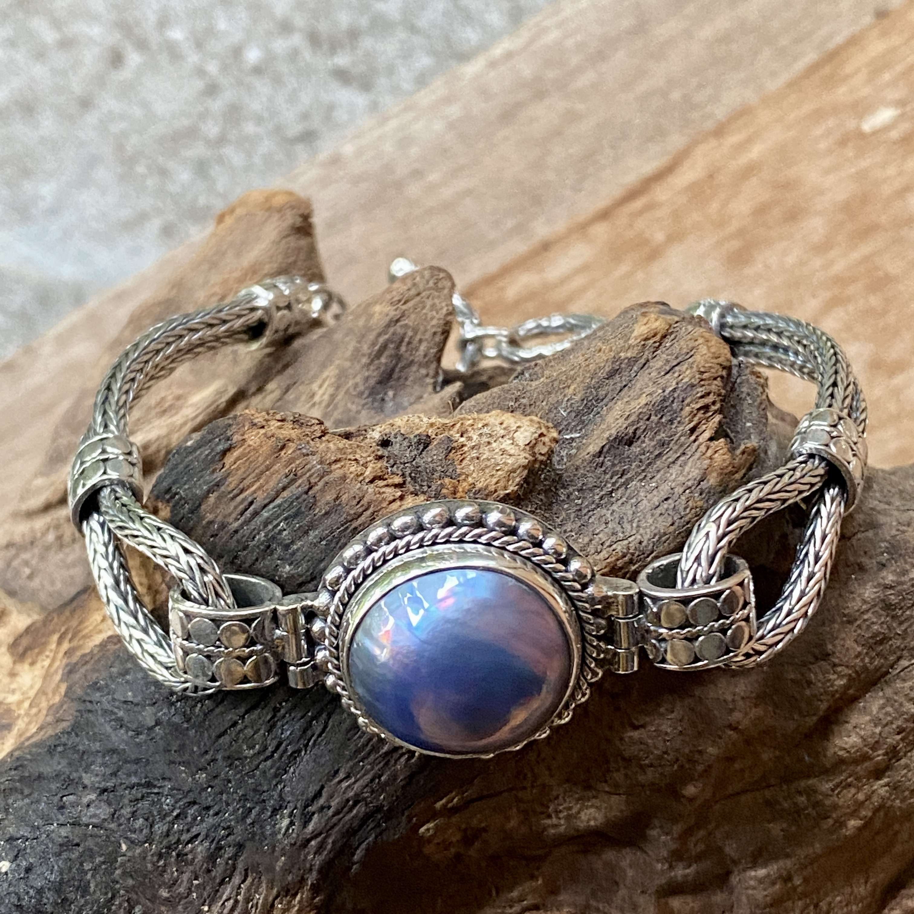 (HANDMADE 925 BALI SILVER FILIGREE BRACELET BLUE  WITH MABE PEARL)